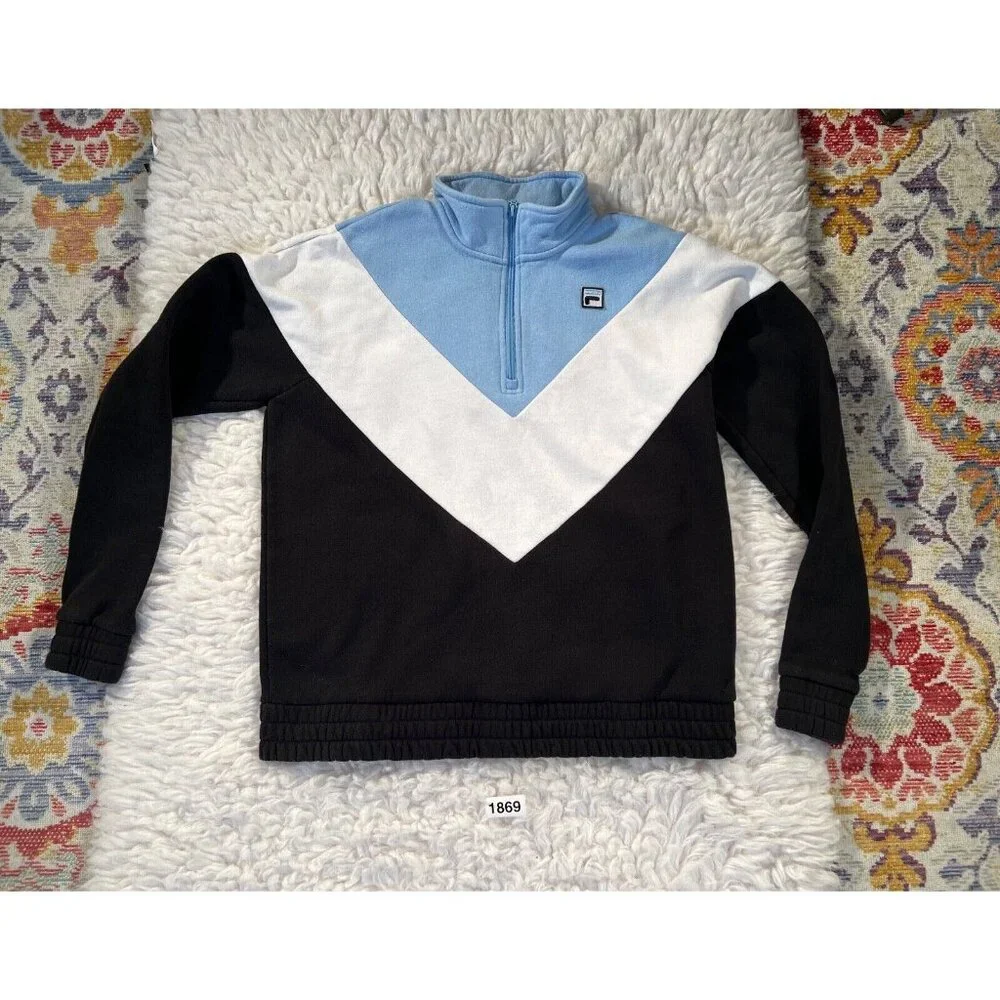 Fila Women Sweatshirt Large Chevron ¼ Zip Long Sleeve Blue Black White - Picture 2 of 7